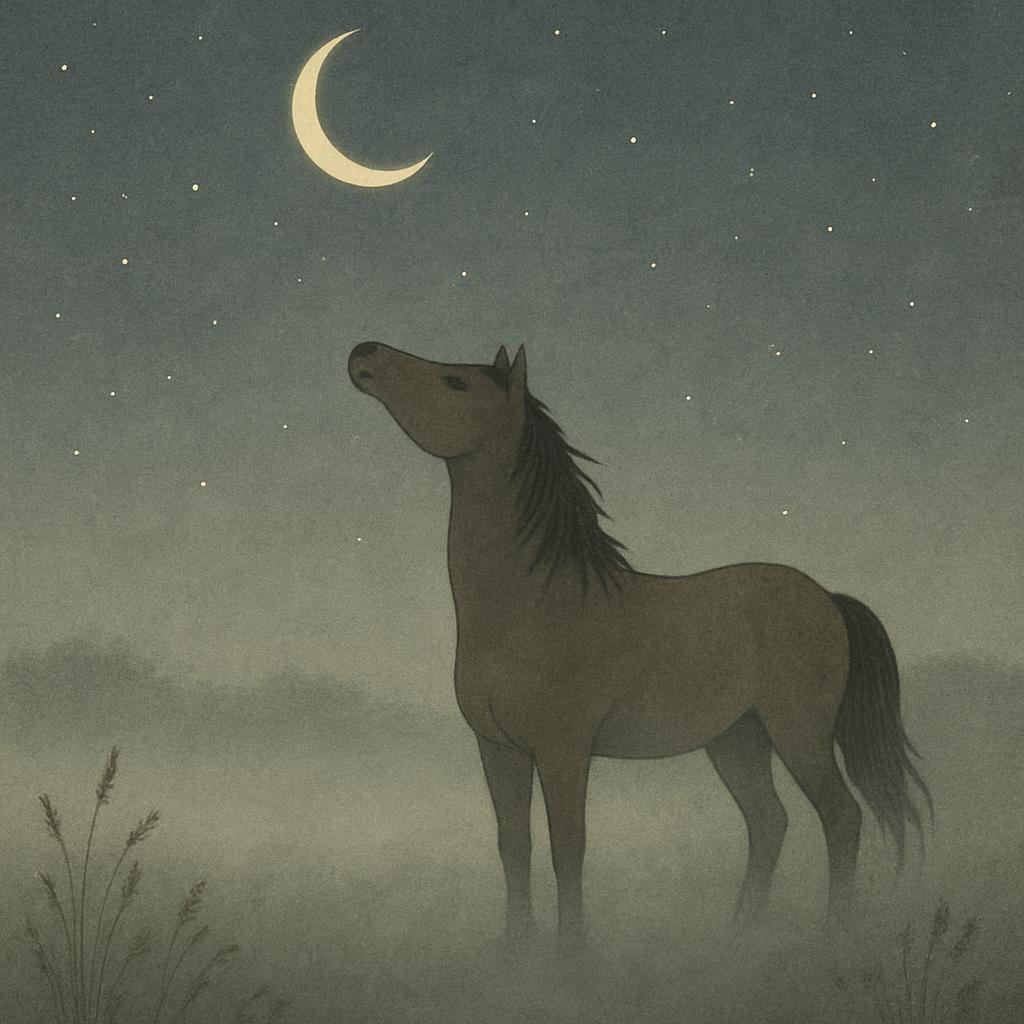 A horse standing in a field under the night sky, with the moon and stars shining down.