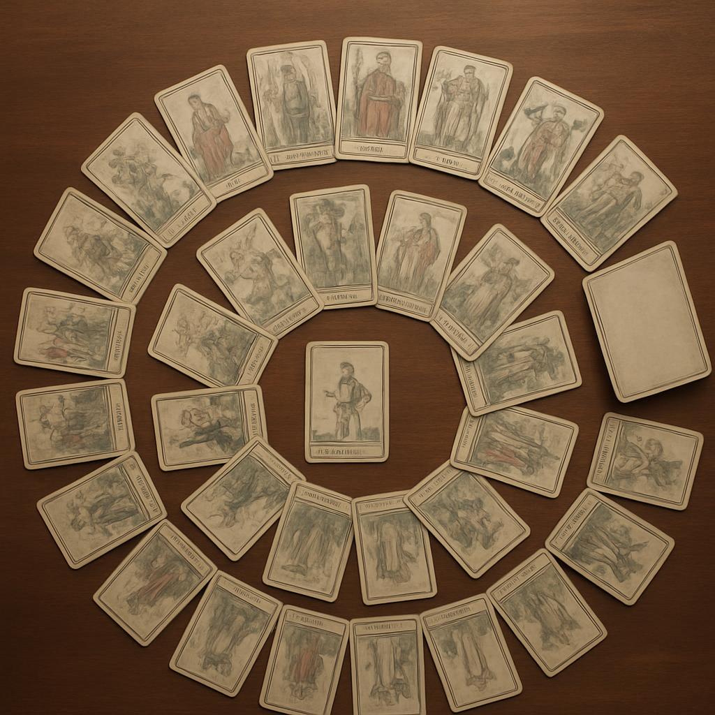 A circular pattern of playing cards featuring different illustrations, arranged counterclockwise, with the pointed end fac...