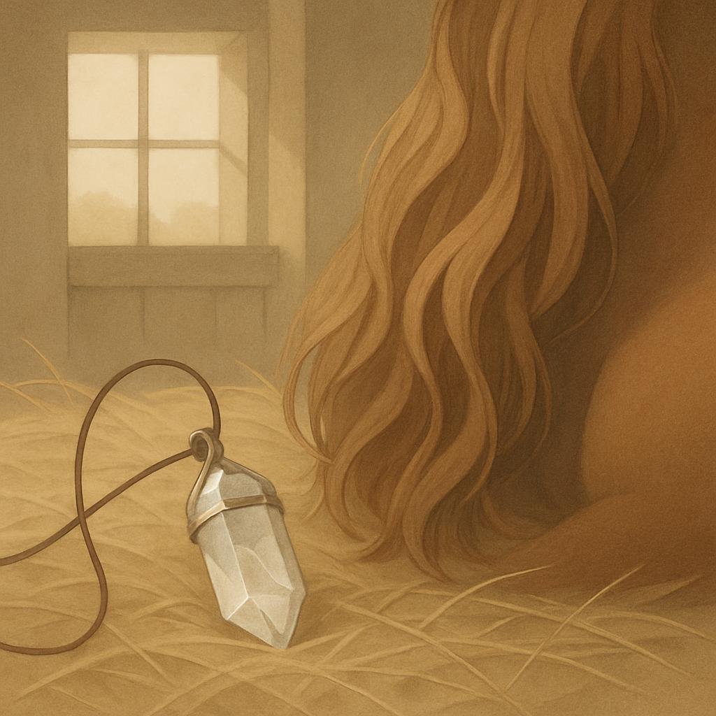 Super nostalgic image of a crystal pendant (or perhaps a gemstone necklace) outside a cozy old-time style plush doll, with...