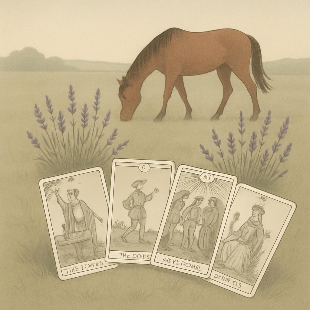 A serene scene unfolds, featuring a grazing horse and four tarot cards set amidst a backdrop of misty lavender fields.