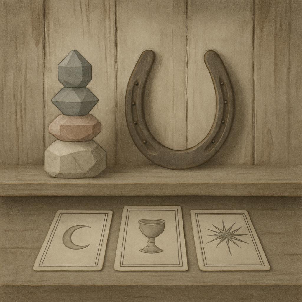 Tarot cards of the moon, chalice and star next to a horseshoe and geometric rock stack in sepia toned painting.